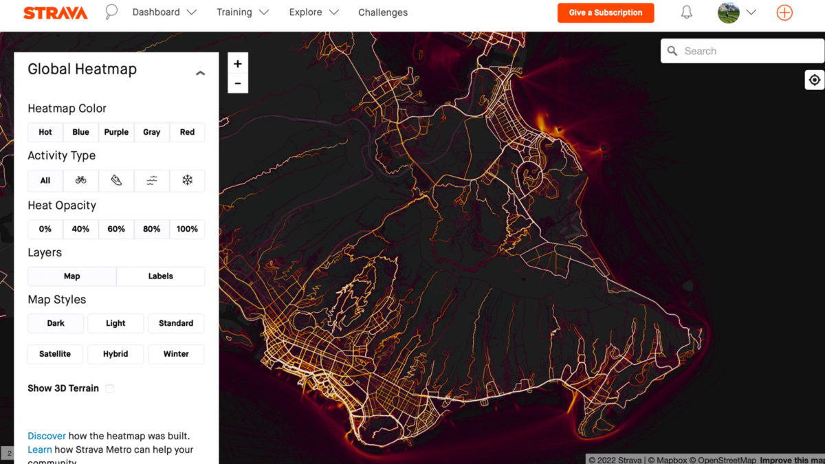 The Strava Global Heatmap illustrated activity on land and off the coast of windward Oahu.