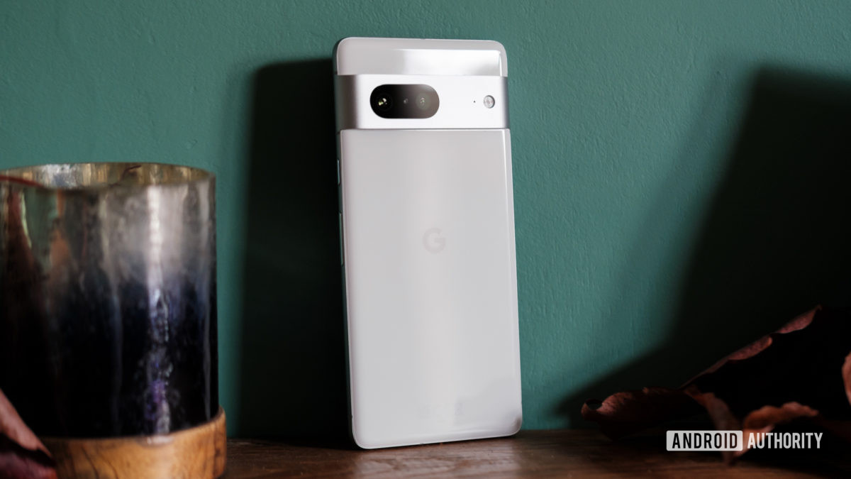 Google Pixel 7 close rear view on green wall